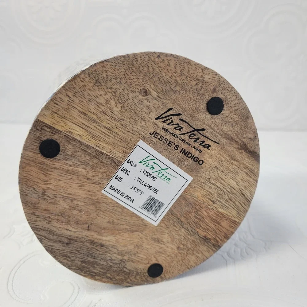 Viva Terra Tall Canister Jesses Indigo Blue‎ White Bohemian Evil Eye Wood Base